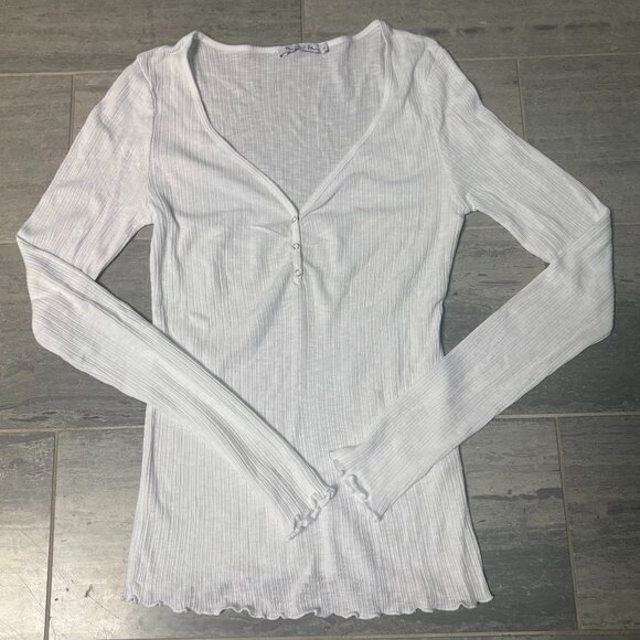 Michael Stars Ribbed Henley Long Sleeve Tee Scalloped Hem Cuffs White One Size - Picture 1 of 8